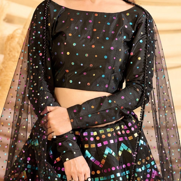 Rubber Printed Taffeta Silk Lehenga in Black - Picture 3 of 4